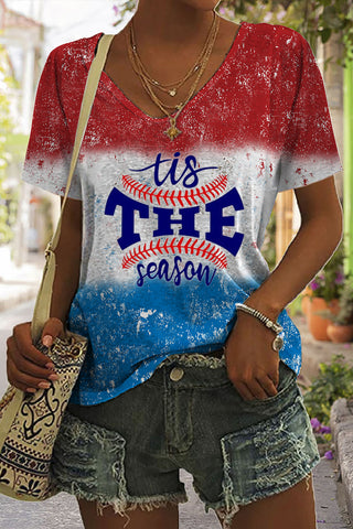 American Flag Tis the Season Baseball Softball Printed V Neck T-shirt