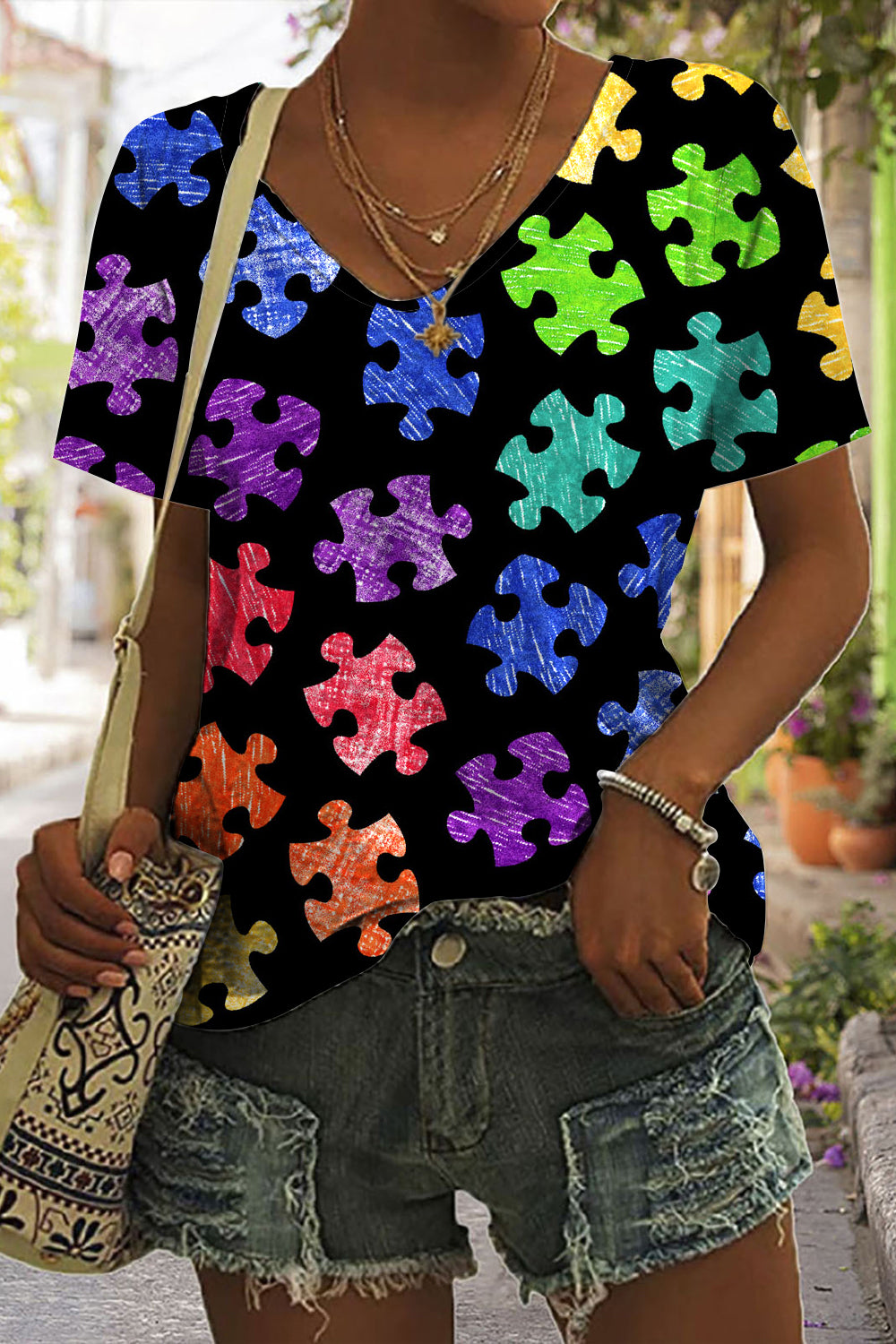 Autism Awareness Acceptance Love Multicolour Puzzle Printed V-neck T-shirt