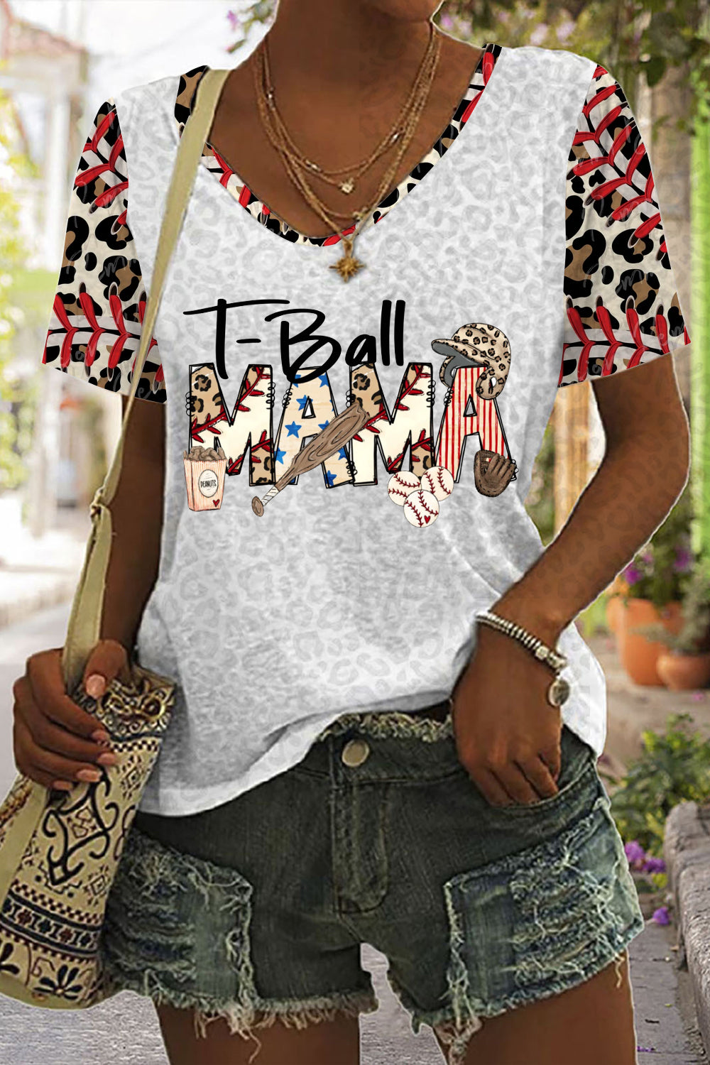 Casual Baseball T-Ball Mama  Leopard Printed V Neck T-shirt