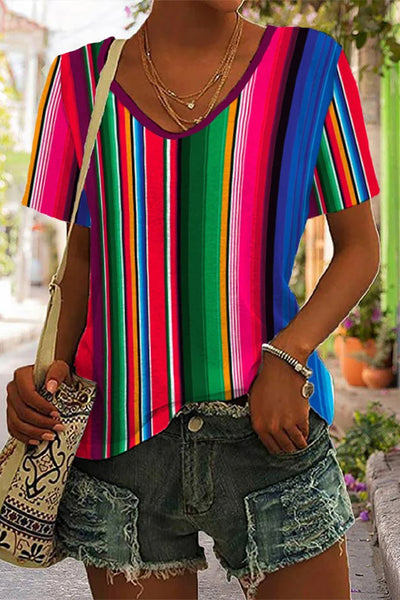 Cinco De Mayo Mexican Western Striped Print V Neck T-shirt