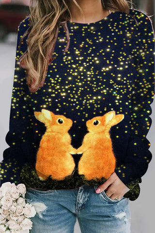 Cute Easter Bunnies Under The Black Starry Sky Printed Sweatshirt