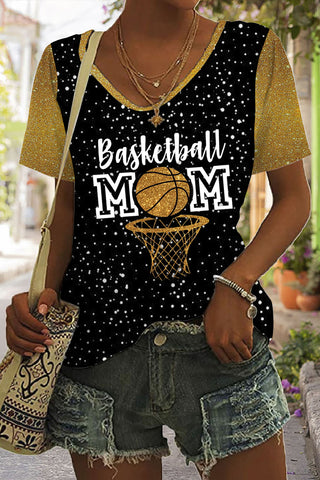 Glitter Basketball Mom Polka Dots Print V-neck T-shirt