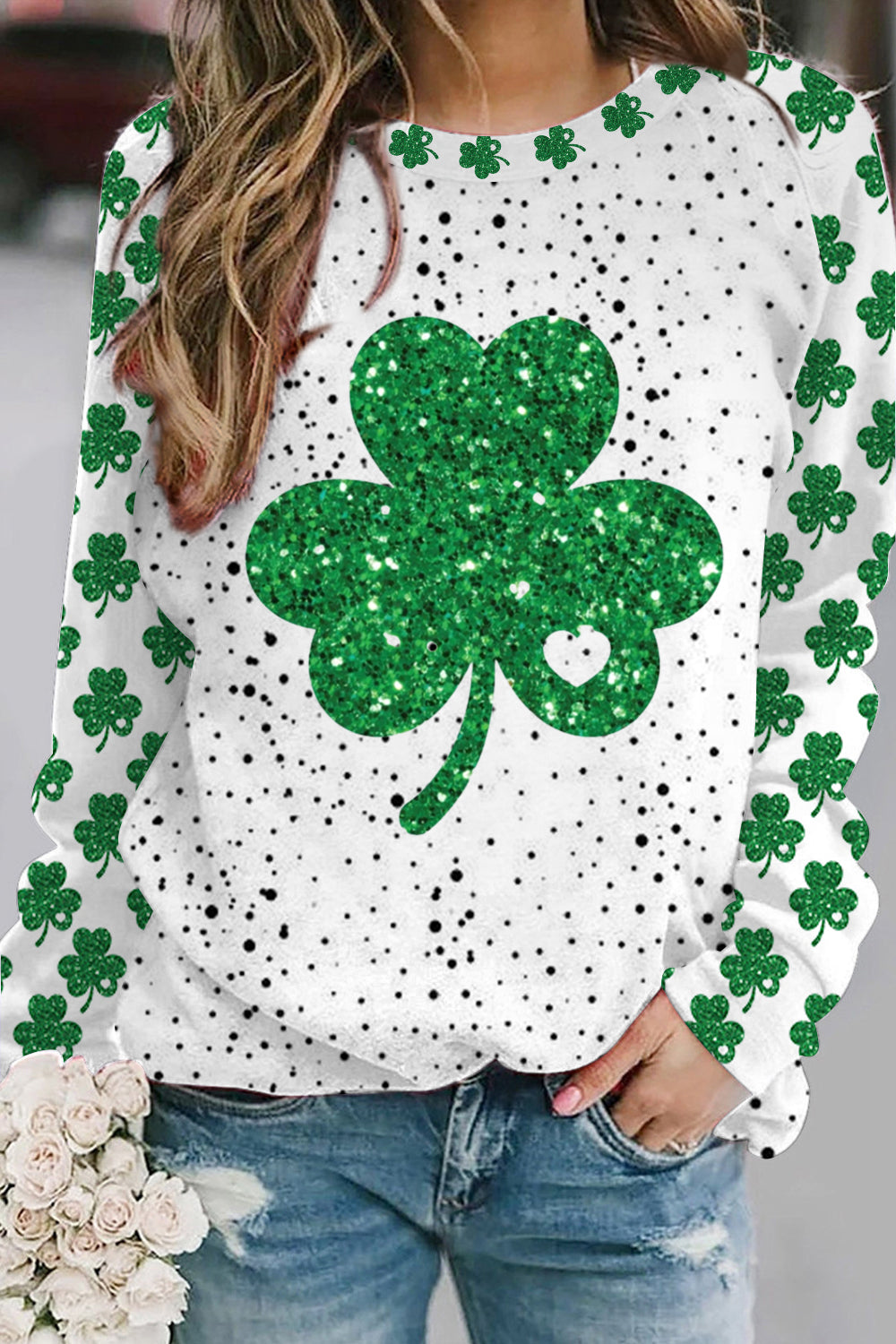 Glitter Lucky Clover St. Patrick's Day  Polka Dots Print Sweatshirt