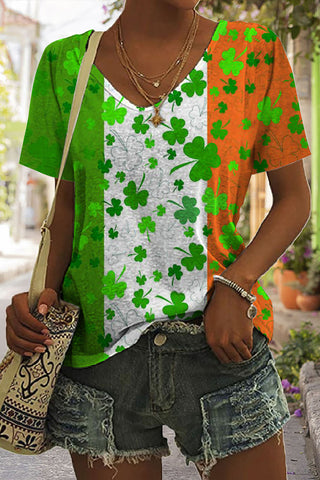 Green White Orange Tricolor St Patrick's Day Shamrocks Tye Dye Printed V Neck T-shirt