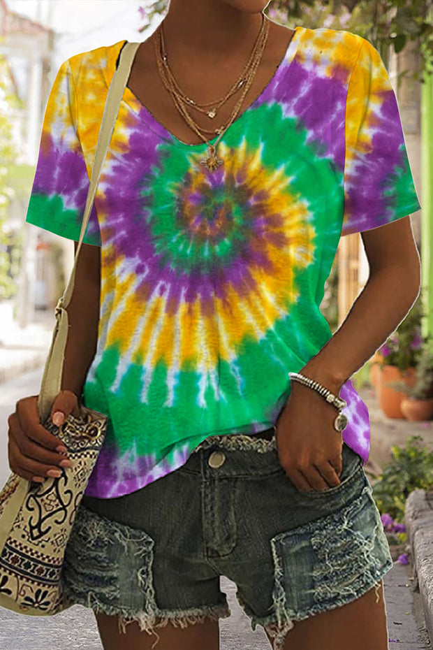 Mardi Gras Neon Green& Purple&Yellow Spiral Tie Dye T-Shirt