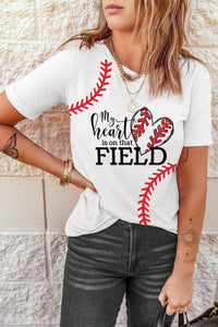 My Heart Is On That Field Baseball Heart Printed Round Neck Short Sleeve T-shirt