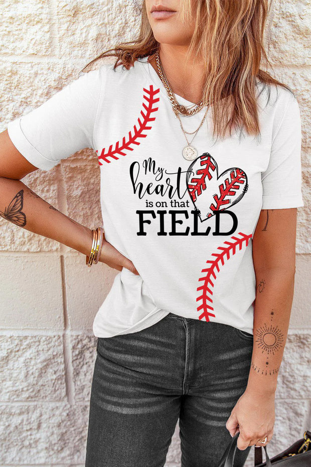 My Heart Is On That Field Baseball Heart Printed Round Neck Short Sleeve T-shirt