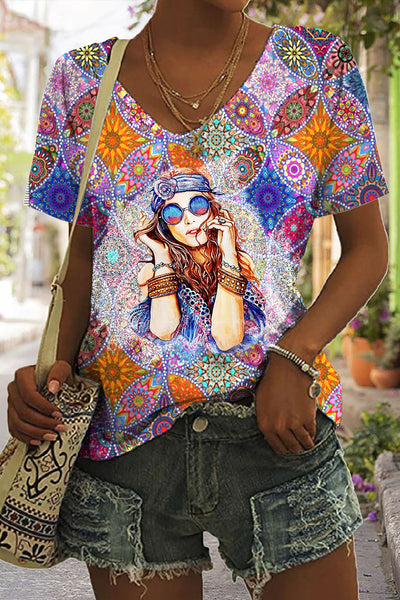 Retro Hippie Girl Boho Bohemia Print V Neck T-shirt