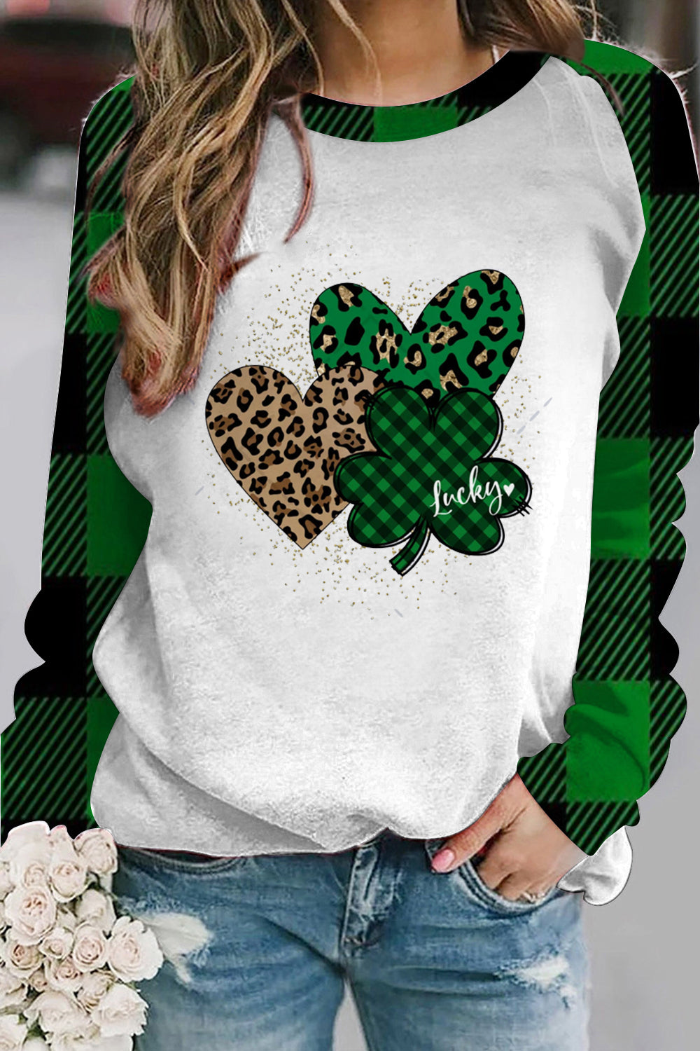Green Leopard Plaid Lucky Hearts Sweatshirt