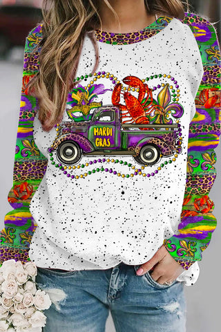 Mardi Gras Truck With Mask Fleur De Lis And Crawfish Western Leopard Print Sweatshirt