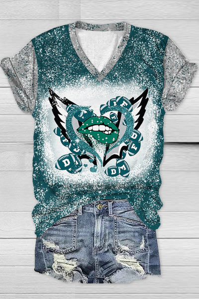 Green And Gray Team Colors Love Lips And Wings Football Printed V Neck T-shirt