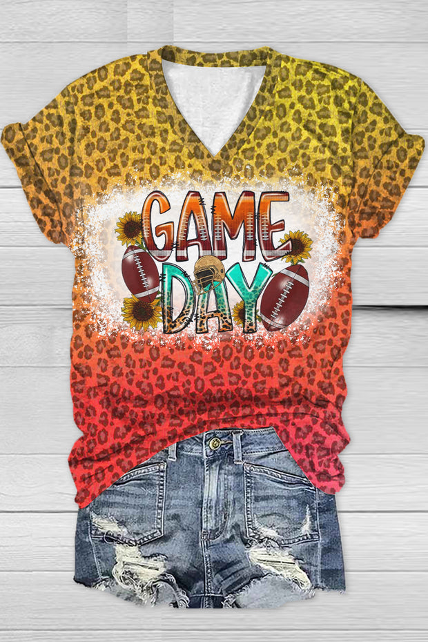 Tie Dye Gradient Leopard Football Game Day V Neck T-shirt