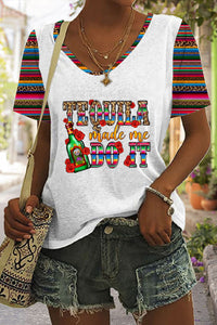 Tequila Made Me Do It Mexican Festival Printed V Neck T-shirt