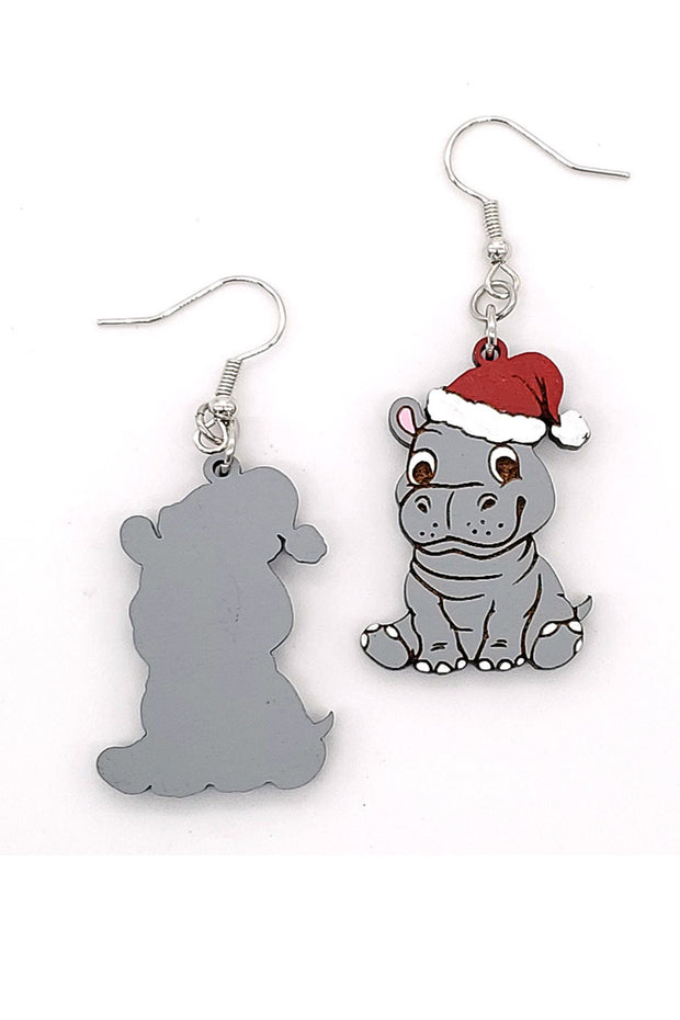 Christmas Hippopotamus Wood Earring