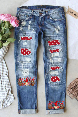 Red Retro Pastoral Polka Dot Style And Three Midgets Western American Football Ripped Denim Jeans
