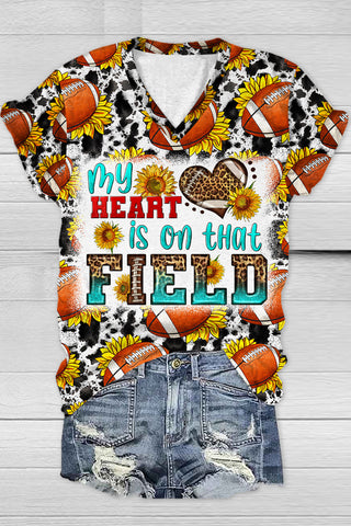 Sunflower Vintage Cow Pattern Football Pattern V Neck T-shirt