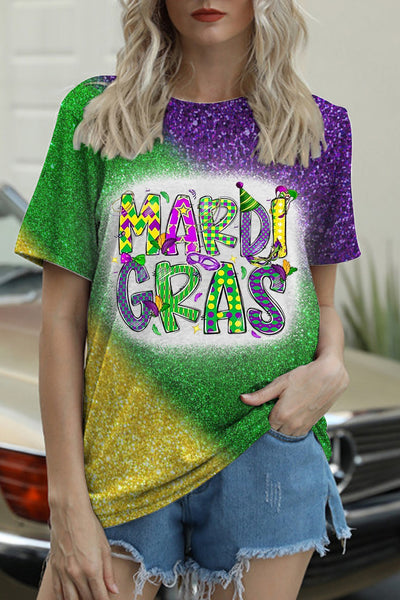 Glitter Mardi Gras Carnival Mask King Polka Bleached Print Round Neck Short Sleeve T-shirt