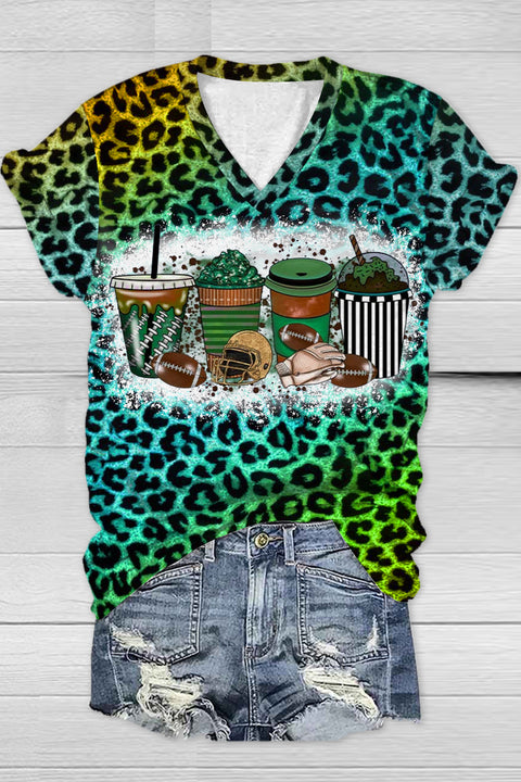 Tie Dye Gradient Leopard Coff Drink Football V Neck T-shirt