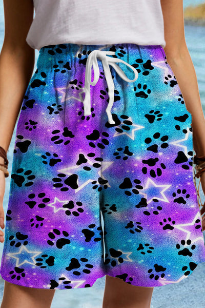 Cute Dog Paws Roaming In The Romantic Milky Way Starry Sky Drawstring Waist Casual Shorts