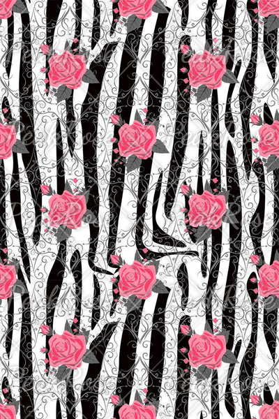 Retro Pink Rose Thorns Zebra Print Round Neck T-shirt Short Sleeve Top