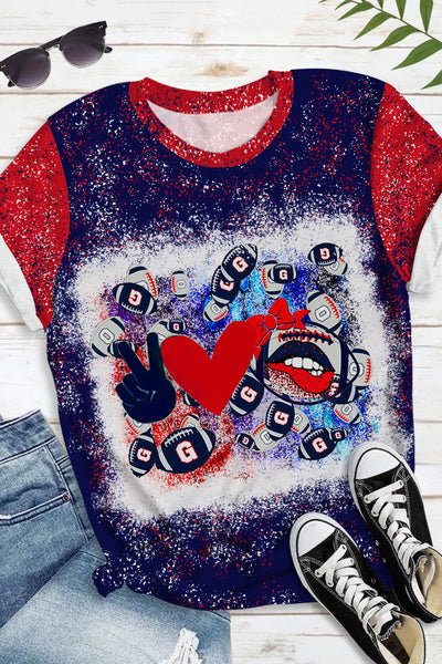 Red & Blue Contrasting Love & Peace Football Printed Round Neck Short Sleeve T-shirt