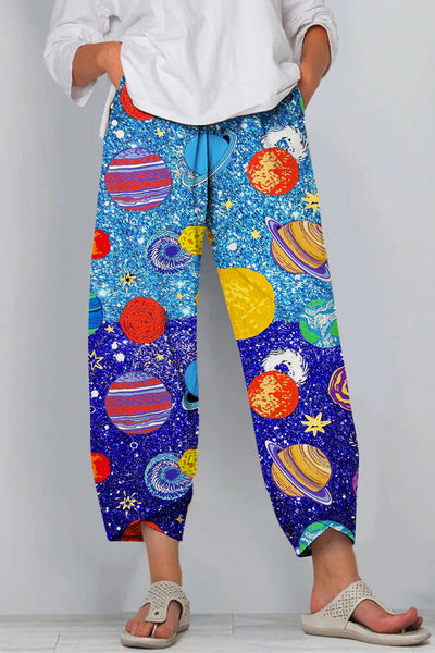Water & Sky One Color Metaverse Wonderful Galaxy Planet Travel Printed Casual Pants