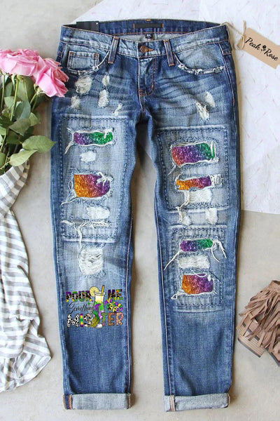 Pour Me Something Mister Mardi Gras Polka Dots Print Denim Jeans