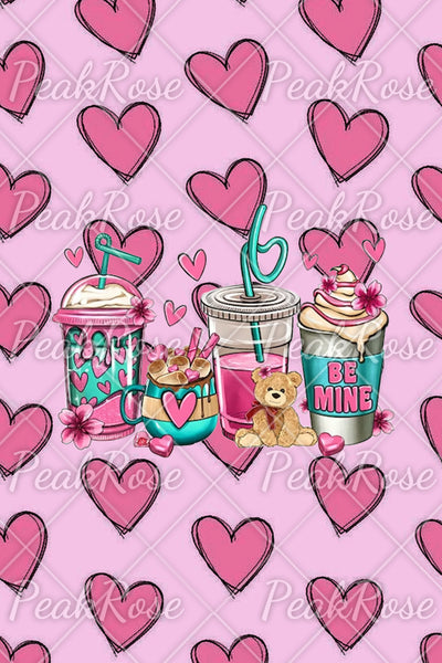 Love Coffee Cups Pink Heart Print Denim Jeans