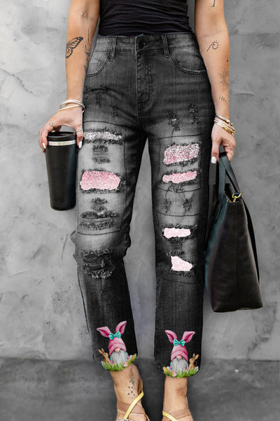 Easter Glitter Pink Rabbit Gnomes and Easter Eggs Ripped Denim Jeans