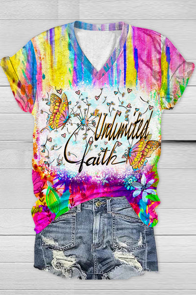 Trendy Oil Painting Vintage Rainbow Flowers & Dandelions Inspirational V Neck T-shirt