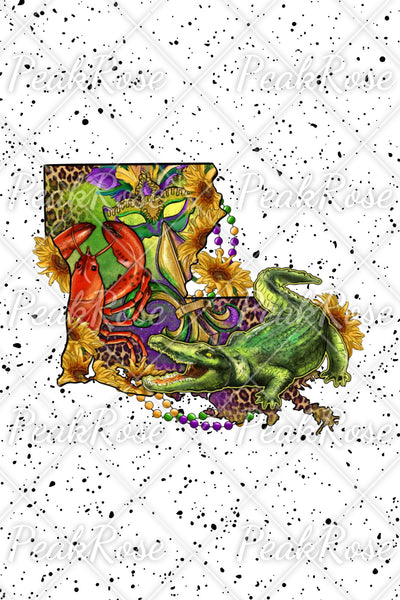 Louisiana Map With Mardi Gras Crocodile Crawfish Western Sunflower Leopard Print T-Shirt