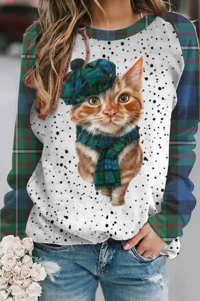 Green Plaid Cute Cat Print Sweatshirt