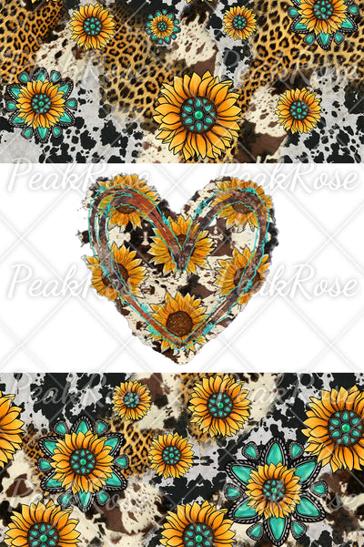 Cowhide Heart And Sunflower Print Ripped Denim Jeans