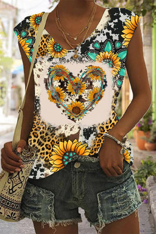 Cowhide Heart And Sunflower Print Tank Top