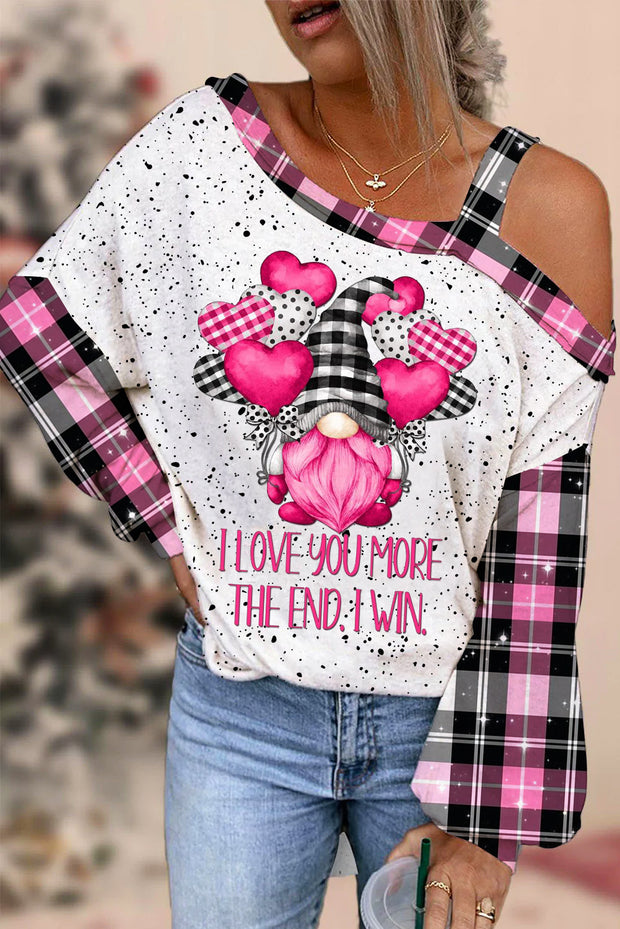 Gnomes Love Heart-Shaped Balloons Plaid Polka Print Off-Shoulder Blouse