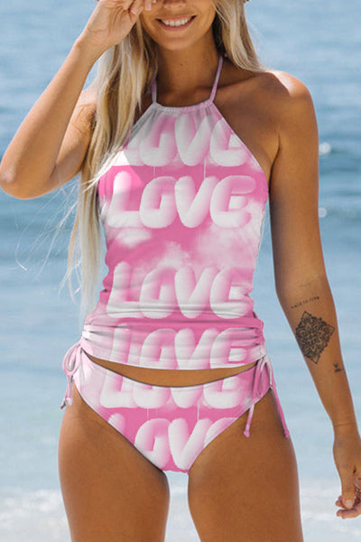 Gradient Pink Love Clouds Print Halter Swimsuit