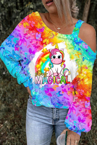 Stay Magical Unicorn Rainbow Tie Dye Printed Off-Shoulder Blouse