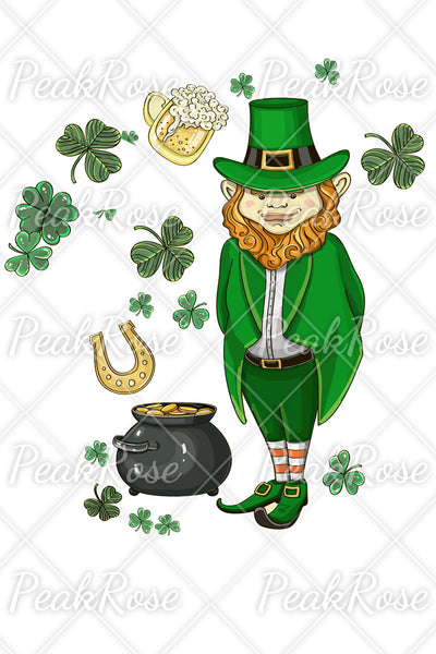 Original Illustration Cute Green Hat Villain Gold Coin Beer Clover Tunic