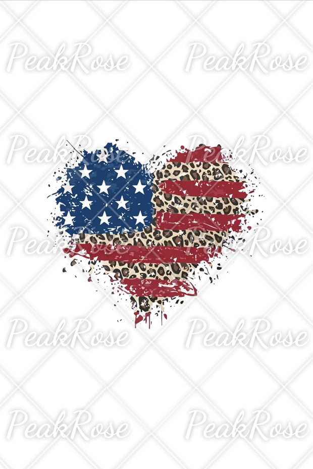 American Flag Heart Leopard Round Neck Shift Casual T-Shirt