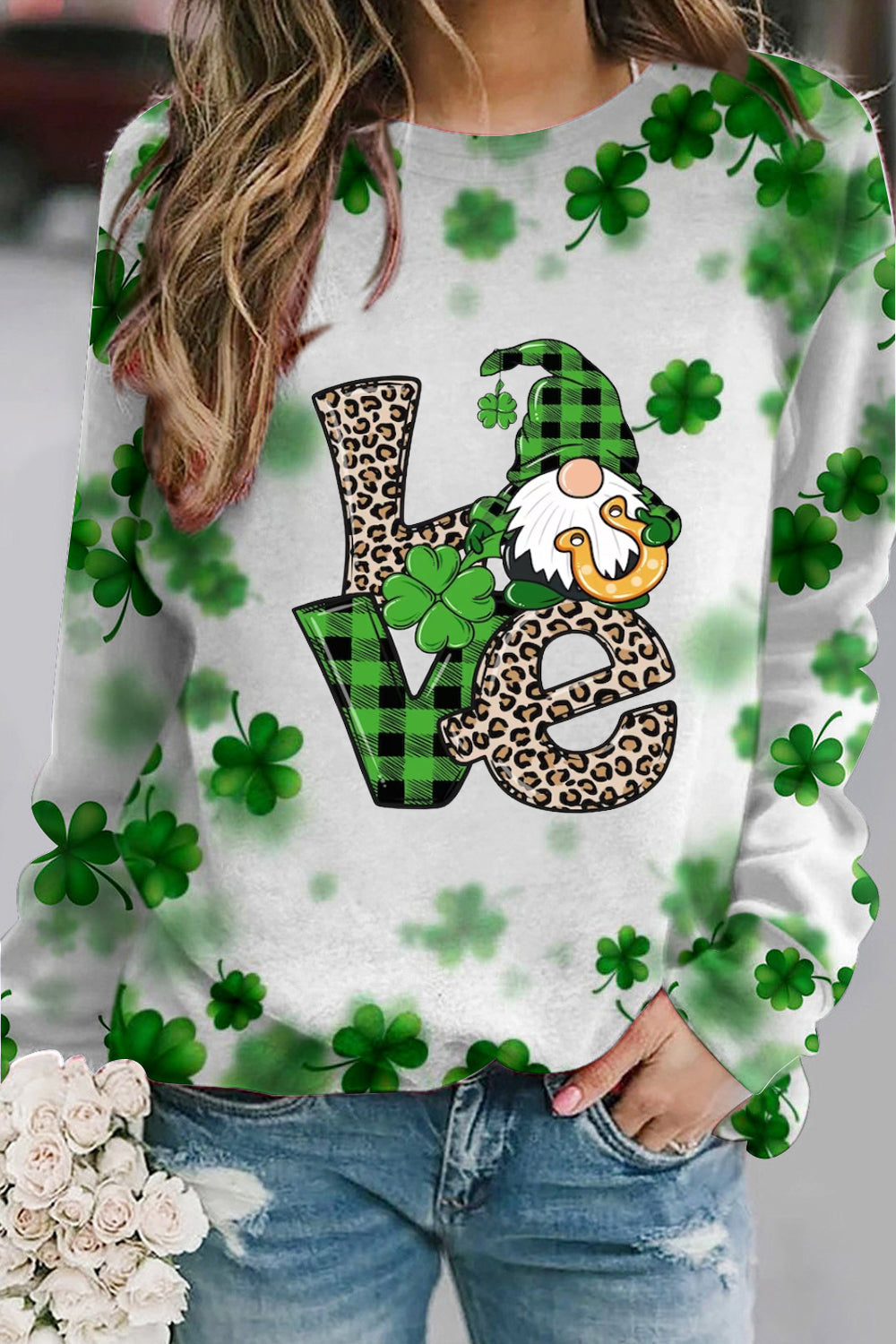 St. Patricks Day Gnomes Love Print Sweatshirt
