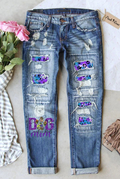 Cute Dog Paws Roaming In The Romantic Milky Way Starry Sky Ripped Denim Jeans