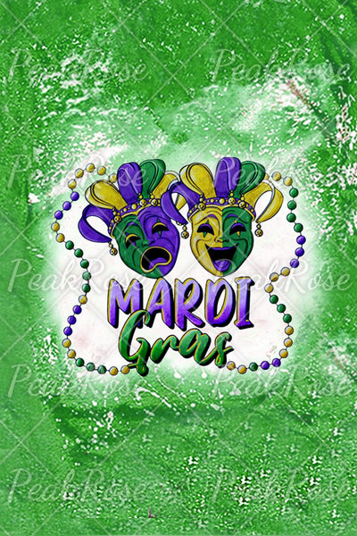 Casual Mardi Gras Mask With Beads Print Bleached Outside T-shirt