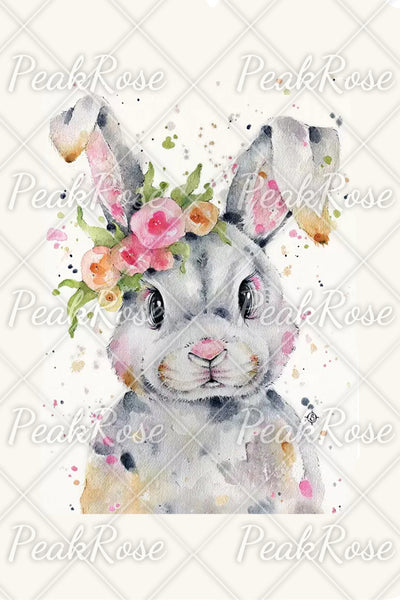 Bunny Rabbit Wearing Spring Flower Wreath  Multicolor Ink Dots Printed Casual Off-Shoulder Blouse