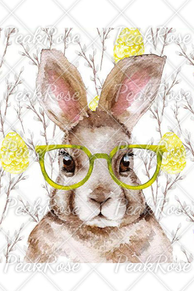 Cute Easter Bunny With Glasses In Easter Eggs Forest Printed V-neck Short Sleeve T-shirt