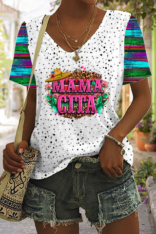 Mama Cita Cactus Serape Mexican Cinco De Mayo Printed V Neck T-shirt