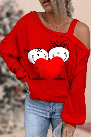 Red Heart-Shape Lovers Print Off-shoulder Blouse