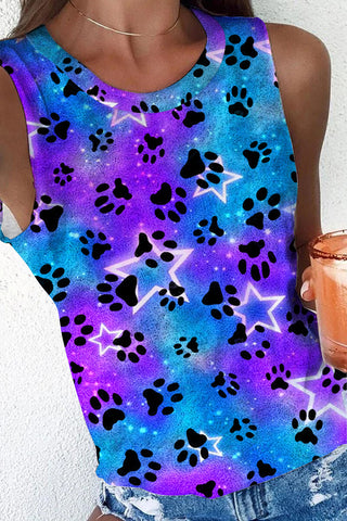 Cute Dog Paws Roaming In The Romantic Milky Way Starry Sky Round Neck Tank Top