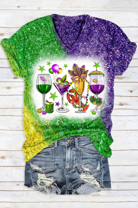 Mardi Gras Carnival Fat Tuesday Print V Neck Short Sleeve T-shirt