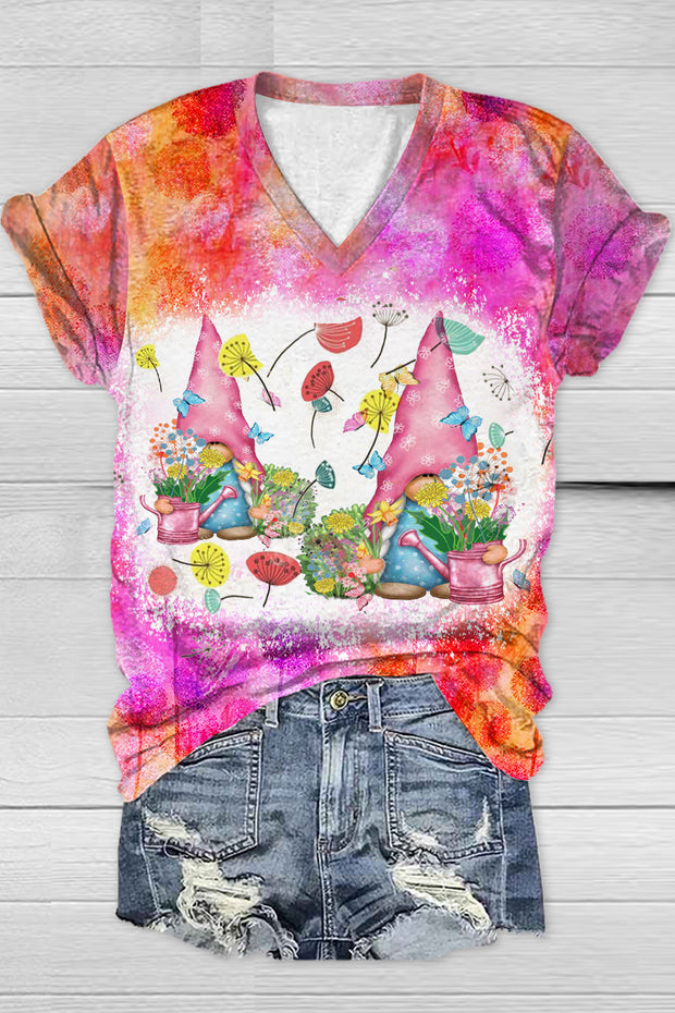 Trendy Oil Painting Vintage Flowers & Two Cute Gnomes Holding Vase & Dandelions V Neck T-shirt