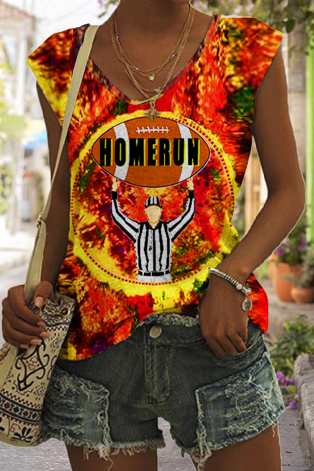 Trendy Hippie Tie-dye With A Fun Football Home Run Graphic V-Neck Tank Top